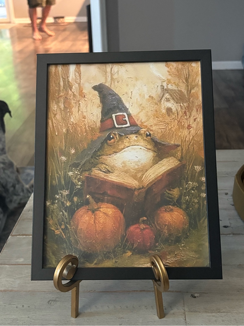 Framed 8x01 Halloween Witch Frog Art Print with Pumpkins
